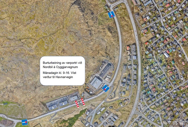 Víst verður til at koyra eftir Havnarvegnum/Gilsvegi. Koyrandi er til Skotarók og Írarók eftir Oyggjarvegnum.